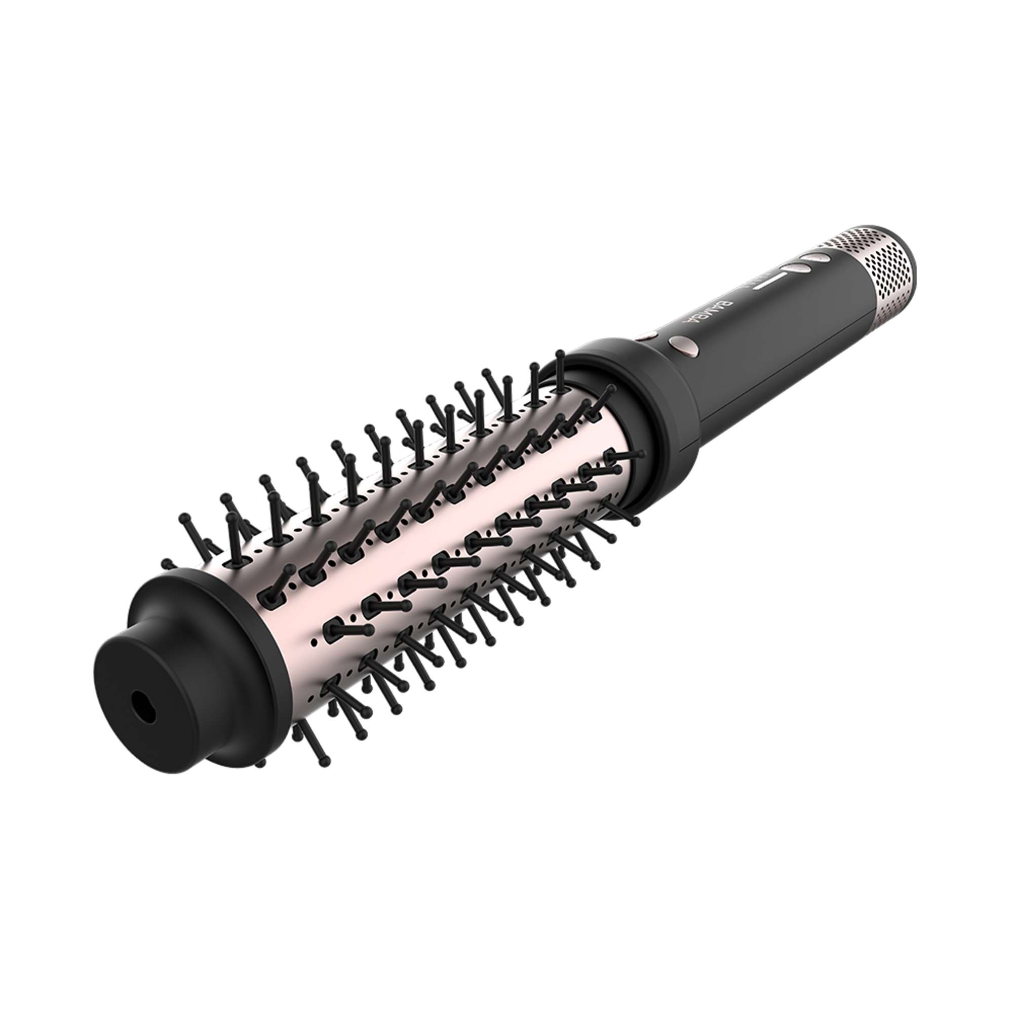 Cepillo para peinar el cabello con mango negro, barril dorado rosa y cerdas negras, aislado en blanco.