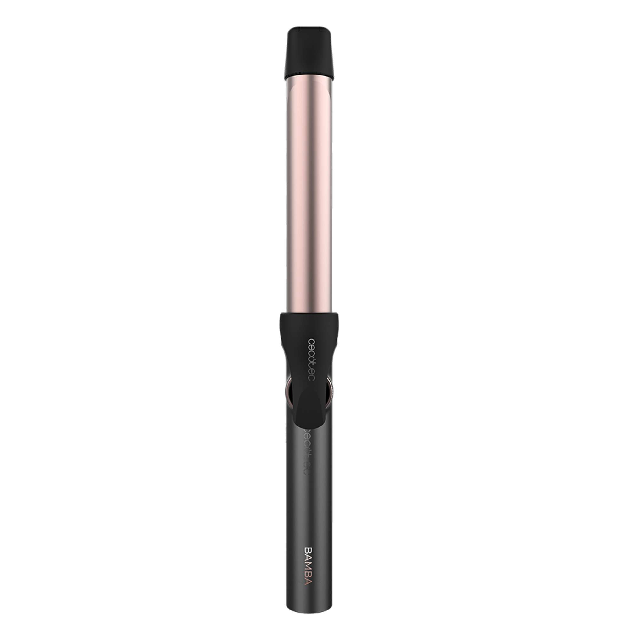 Imagen vertical de un rizador. Tiene un mango y una parte superior negros, un cañón de oro rosa. La marca es visible.