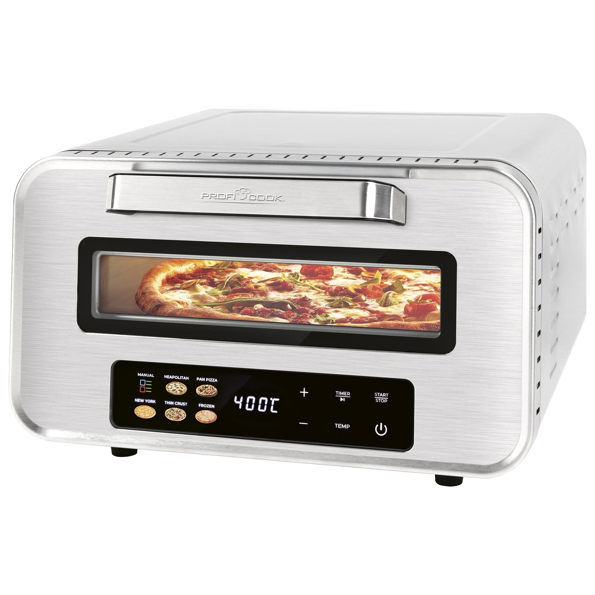 Ein silberner Profi Cook Pizzaofen mit einer Pizza im Inneren. Er hat ein digitales Display mit 400°C und verschiedenen Einstellungen.