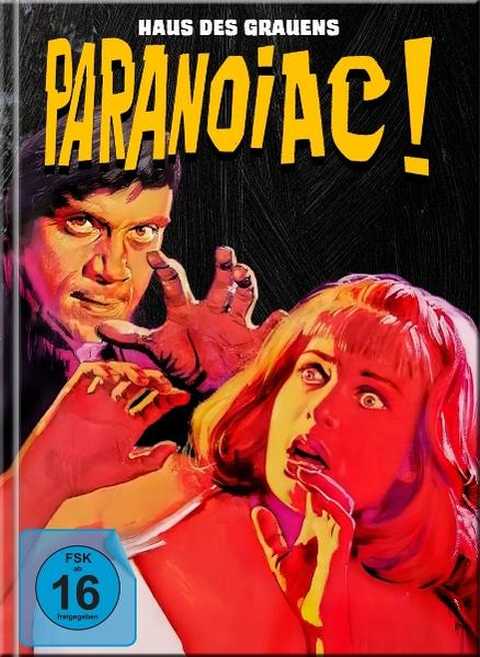 Ein Vintage-Filmplakat. Ein Mann greift nach einer verängstigten Frau. Text lautet 'PARANOIAC!' und 'HAUS DES GRAUENS'.