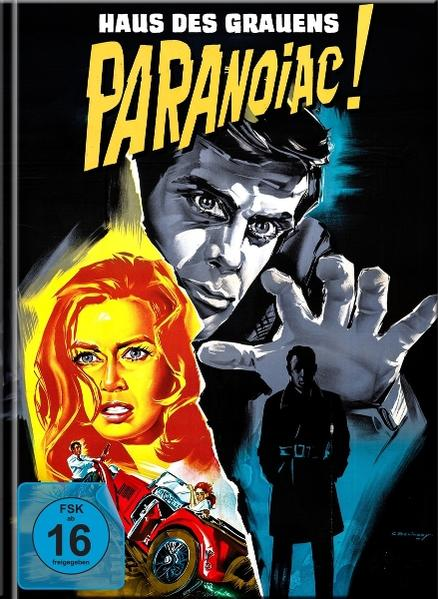 Filmplakat mit einem Männergesicht, einer Frau und einem Auto. Titel: Paranoiac. Der Hintergrund ist dunkelblau.