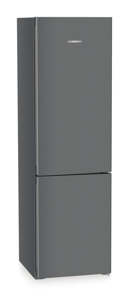Ein grauer Liebherr-Kühlschrank. Der obere Teil ist höher als der untere. Der Markenname befindet sich oben.