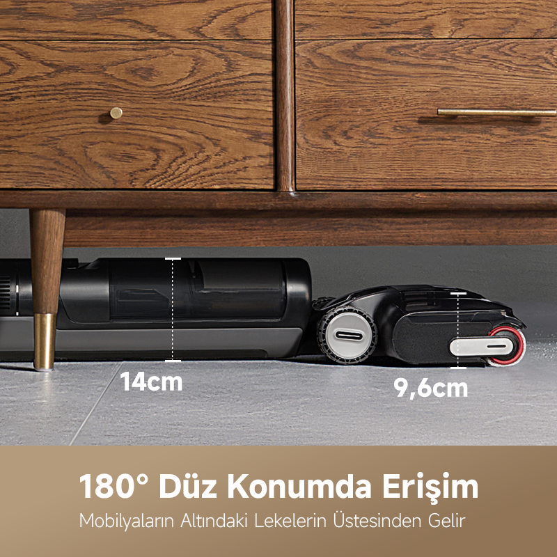 Ahşap bir dolabın altında siyah bir elektrikli süpürge. 14 cm ve 9,6 cm yüksekliğinde. Altındaki metin şöyle diyor: 180° düz konum.