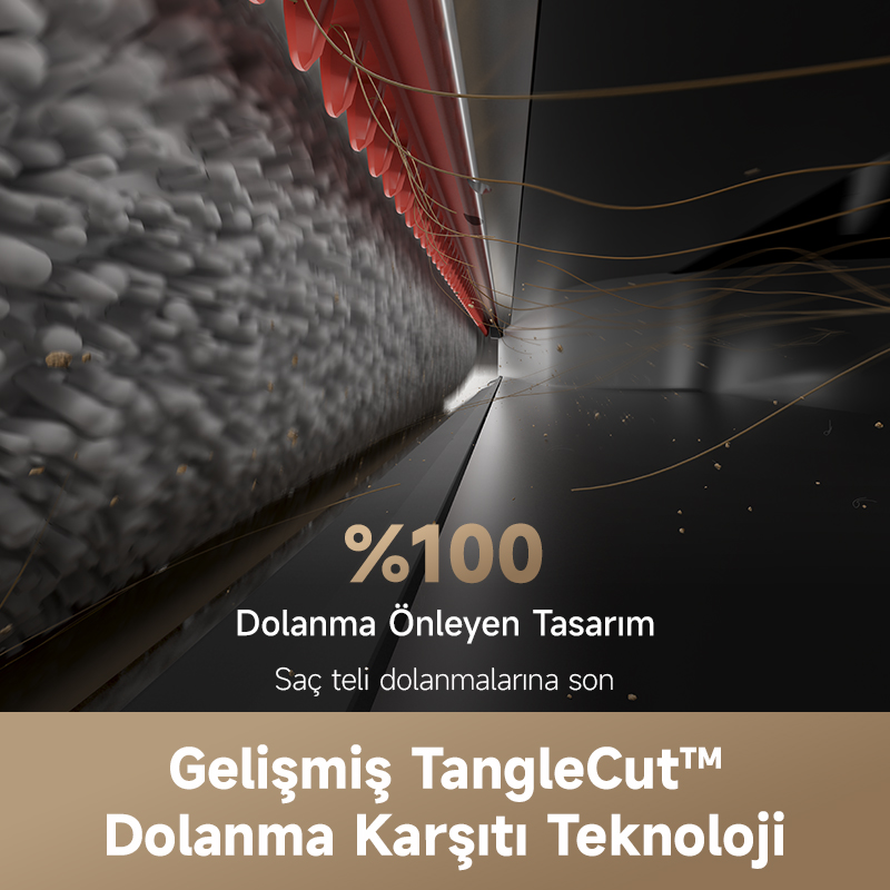 Görüntü, kırmızı ve gri parçaları olan bir saç temizleme cihazını gösteriyor. Metin şöyle diyor: %100 Dolaşmayı Önleyen Tasarım, gelişmiş TangleCut teknolojisi.