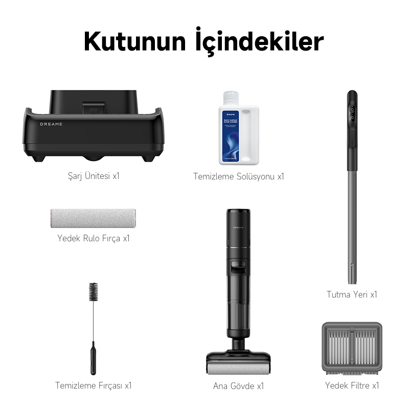 Görselde temizlik kiti bileşenleri görülüyor: şarj ünitesi, temizleme solüsyonu, yedek rulo fırça, tutma yeri, temizleme fırçası, ana gövde ve yedek filtre.