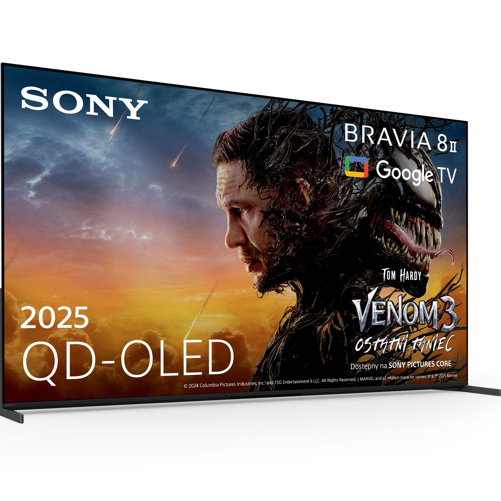 Telewizor Sony Bravia wyświetla plakat filmu Venom 3. Zawiera Toma Hardy'ego, symbionta Venoma i Google TV.