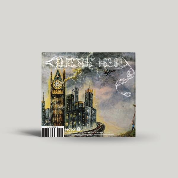 Albumcover mit Skyline, Big Ben, Blitzen und dem Schriftzug 'Electric Hour'. Ein Flugzeug fliegt über den Gebäuden.