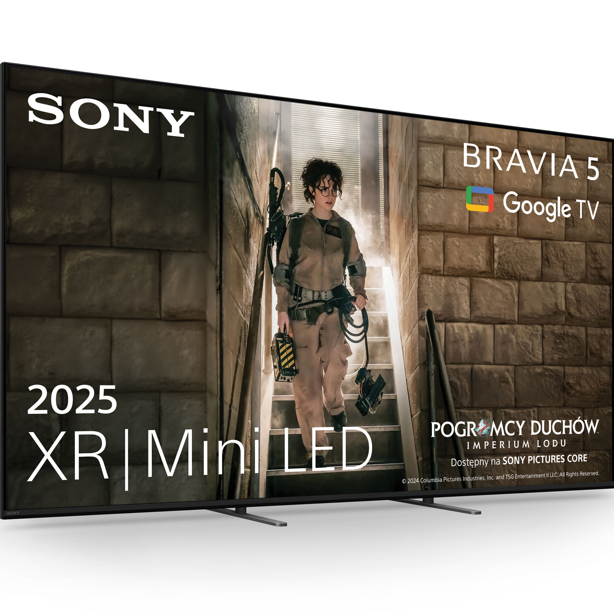 Telewizor Sony ze sceną z Ghostbusters. Osoba w mundurze schodzi po schodach. Tekst mówi 2025 XR Mini LED.