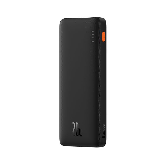 Siyah bir Baseus 20W powerbank. Dört gösterge ışığına ve turuncu bir güç düğmesine sahiptir. Marka adı yanda yazılıdır.