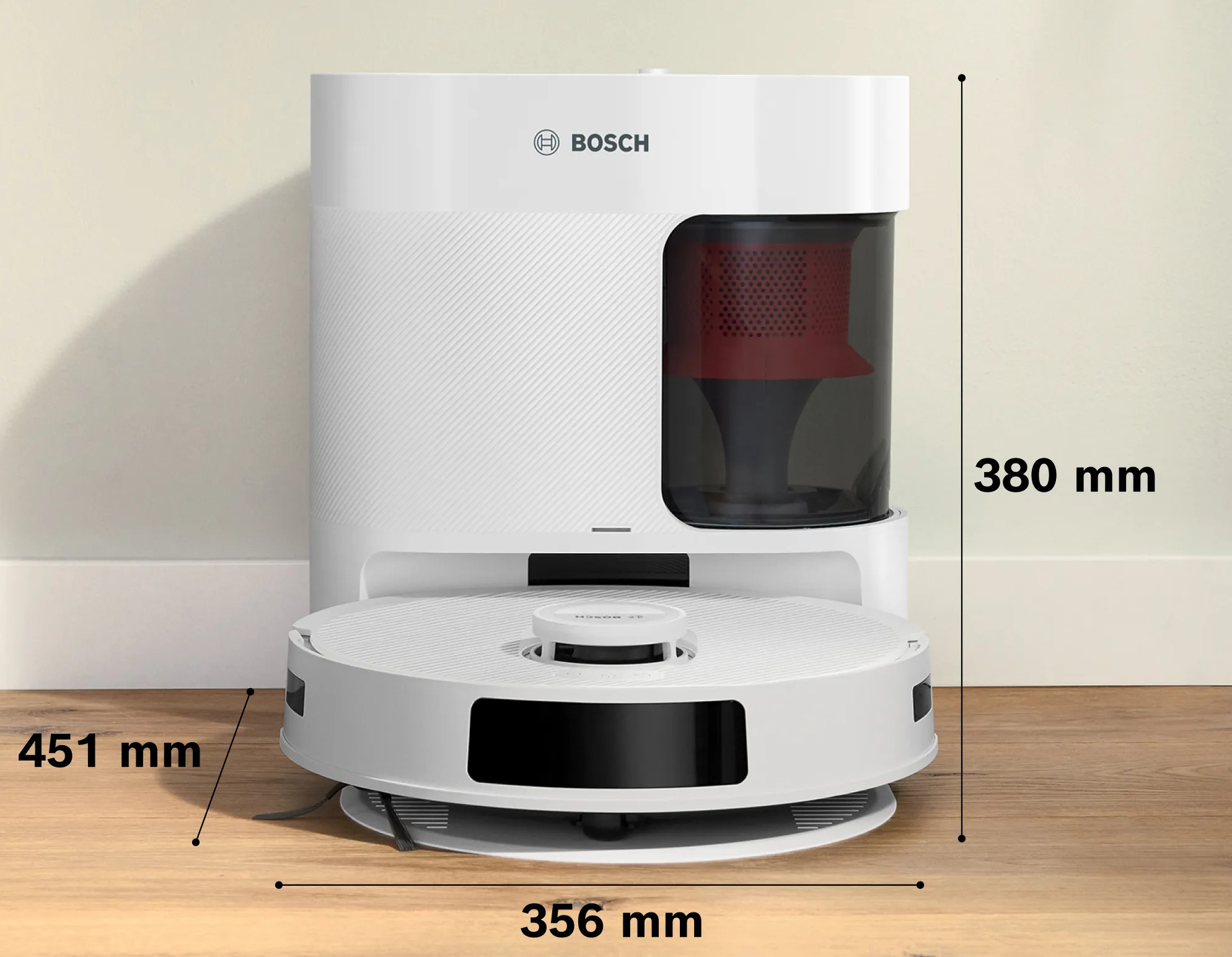 Biały robot sprzątający Bosch z wymiarami. Stoi na drewnianej podłodze, z beżową ścianą w tle.