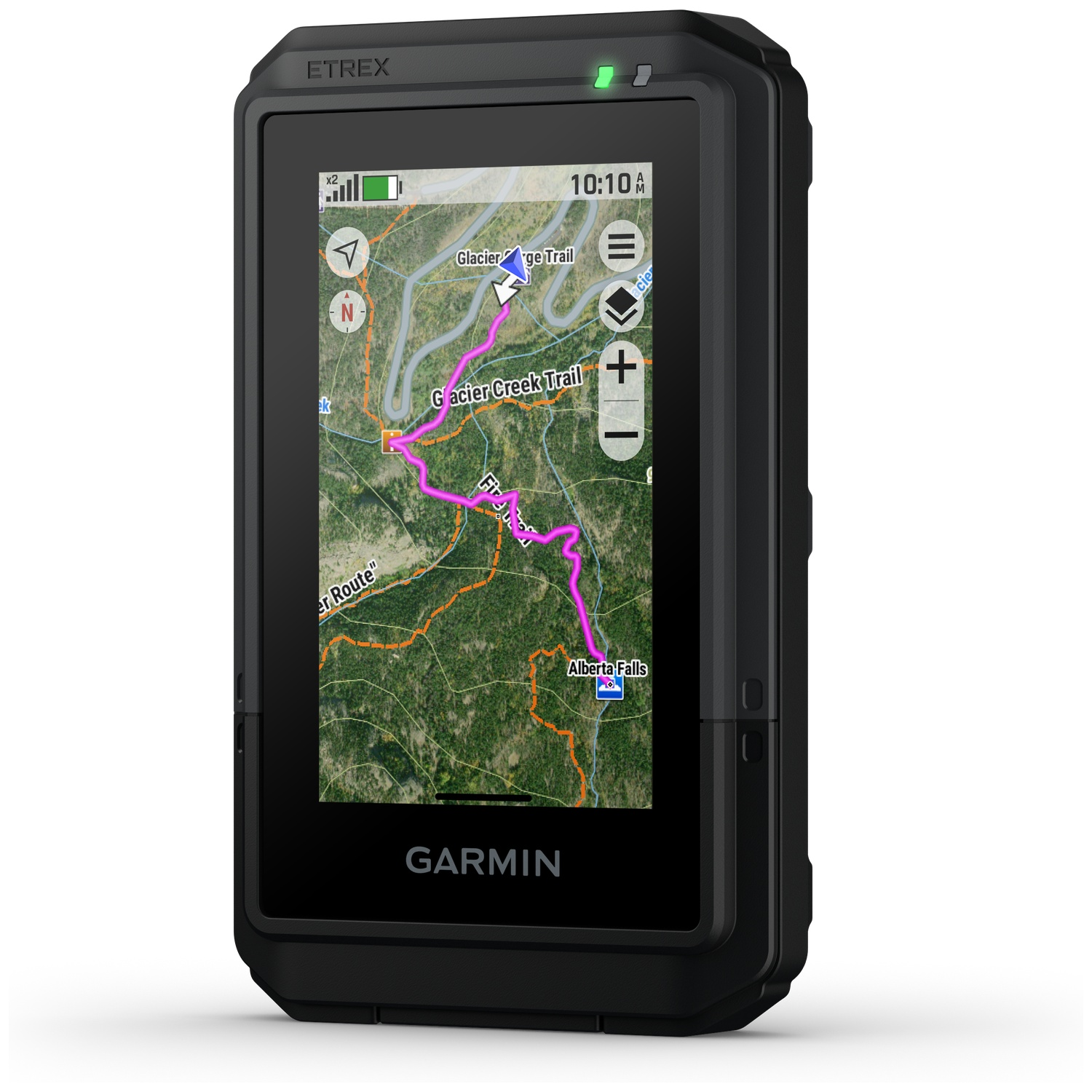 A black Garmin device displaying a map with trails and labels. The screen shows a route, and the time is 10:10 AM.