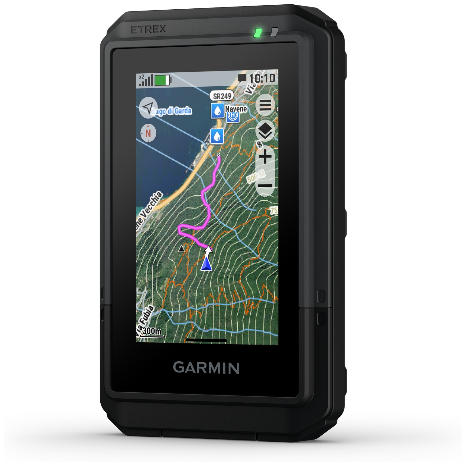 A black Garmin device displays a map with contour lines, a pink trail, and location details. The screen shows a time of 10:10.