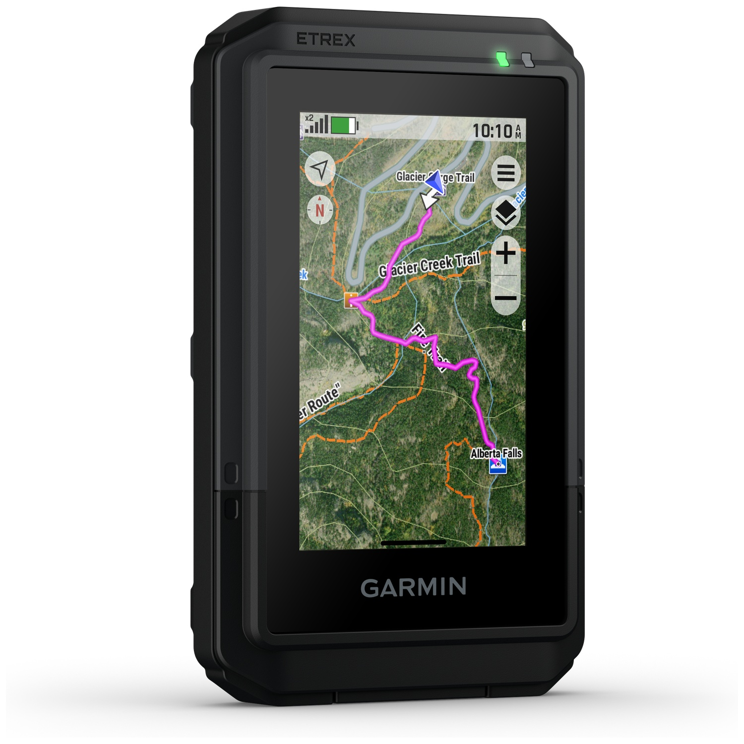 Garmin Etrex GPS shows a hiking map with a route and Alberta Falls.