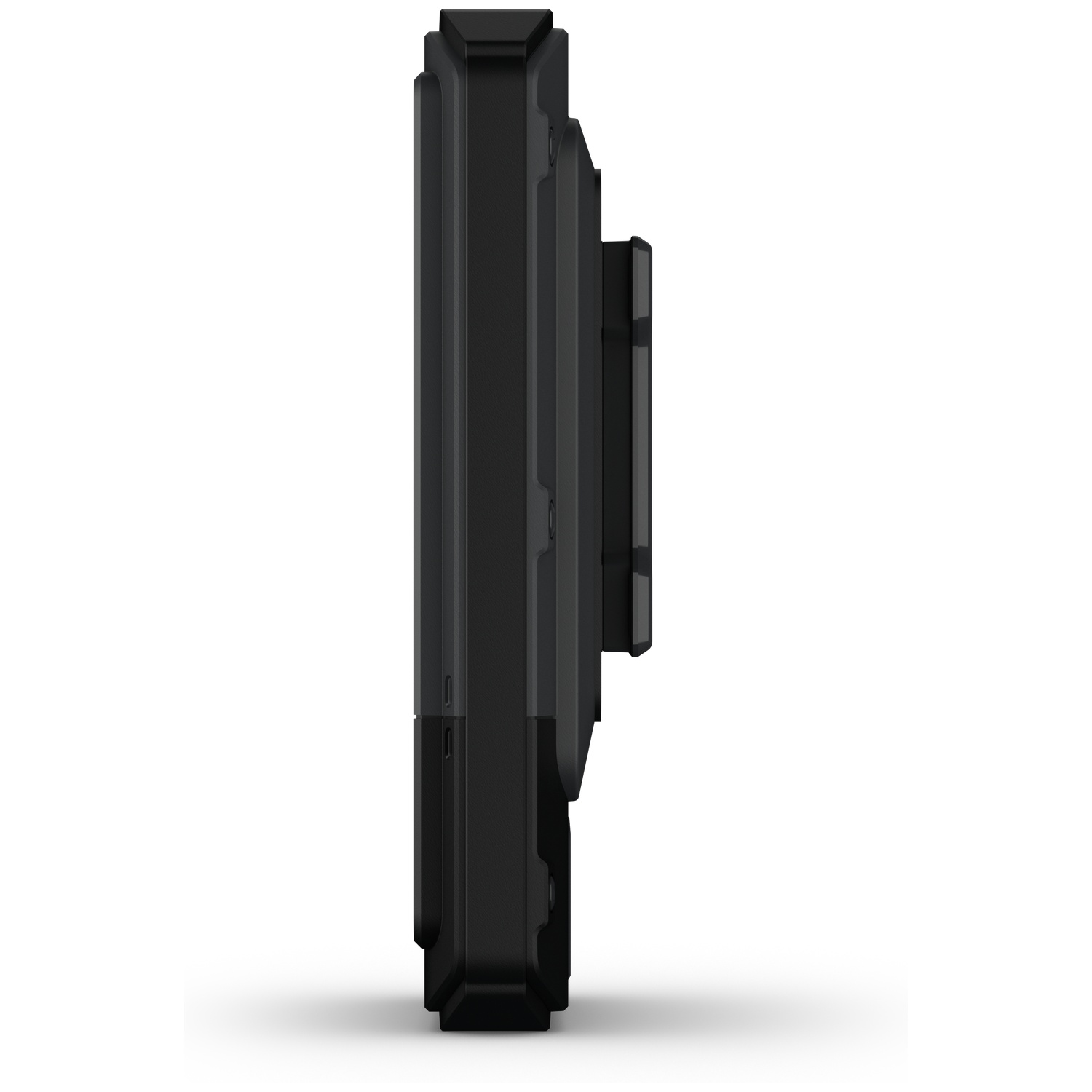 Black electronic device seen from the side, with a shadow on a white background.