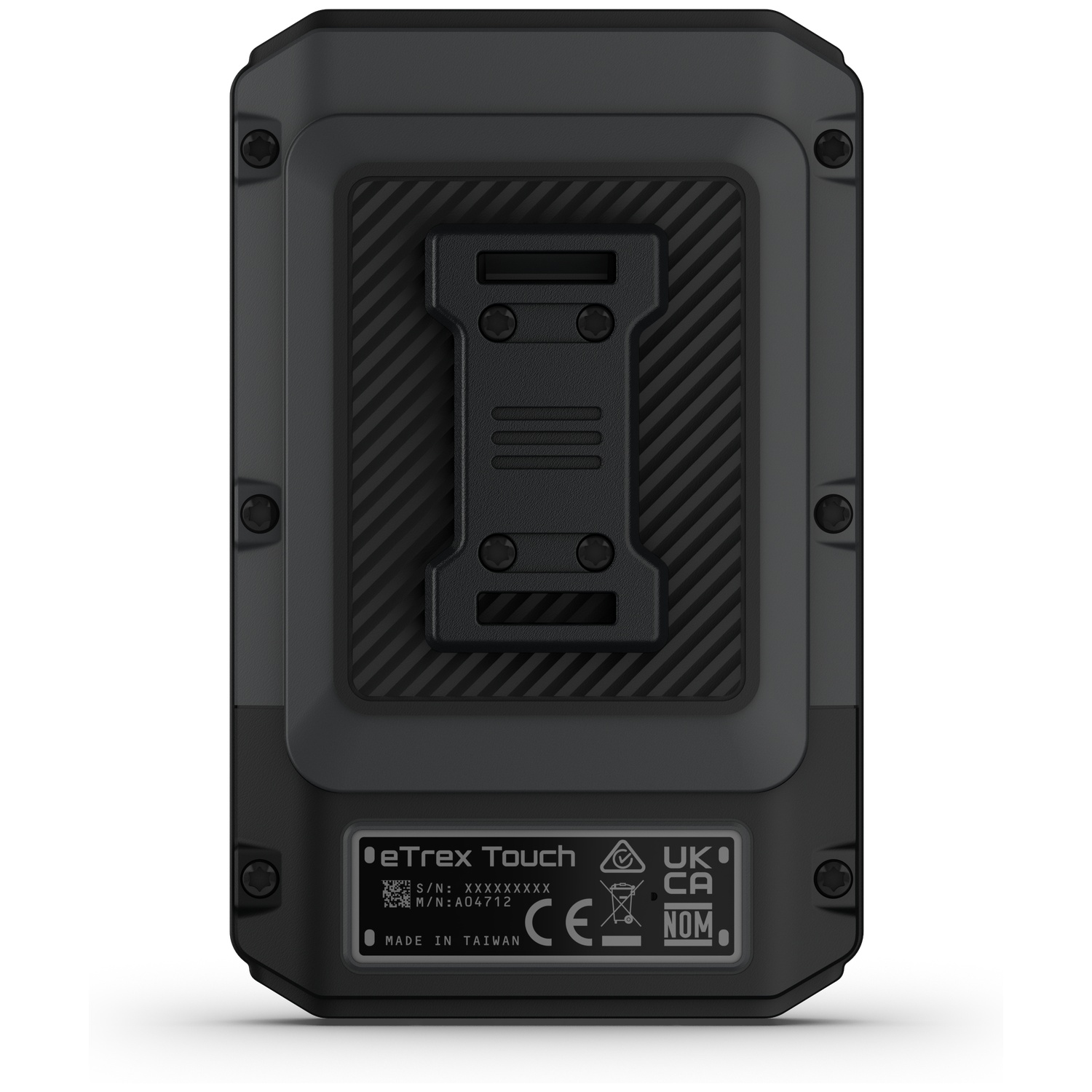 Back of a black eTrex Touch device. It has a clip, serial numbers, and regulatory symbols. The device is made in Taiwan.
