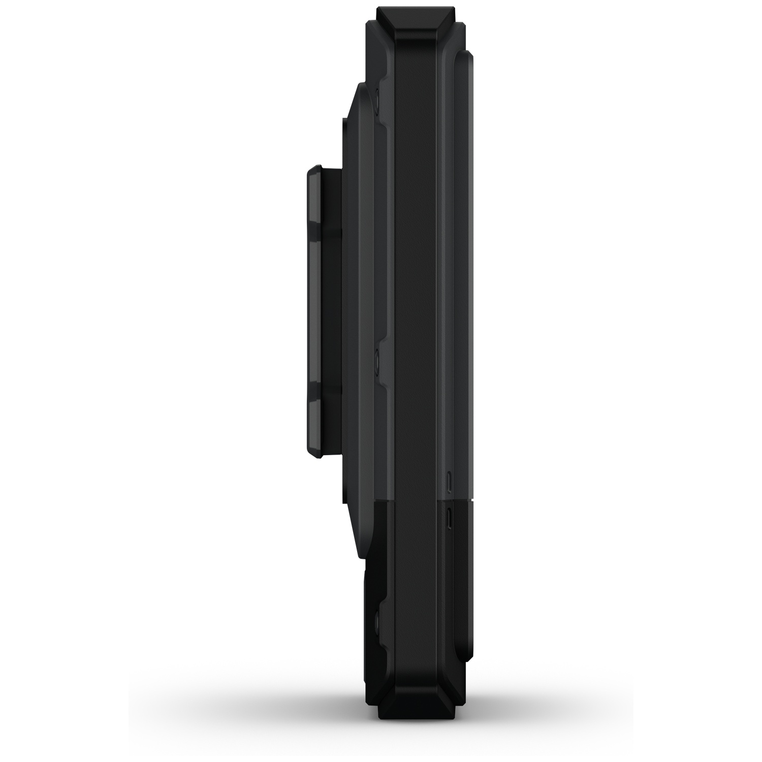 A black electronic device, likely a GPS, is seen from the side. It's rectangular with buttons and ports. The background is plain white.