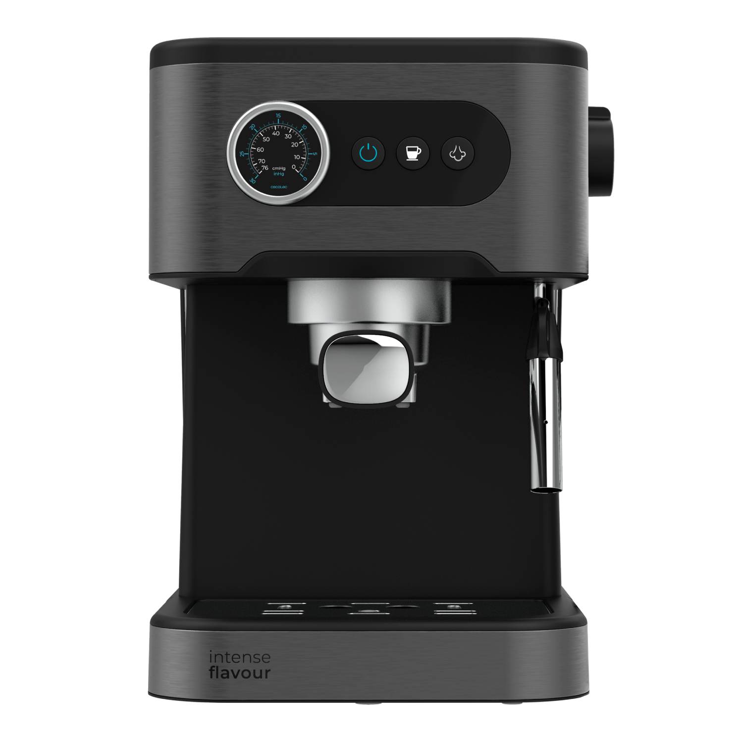Una máquina de espresso gris oscuro con un manómetro, botones de encendido y una varilla de vapor, etiquetada como 'intense flavour'.