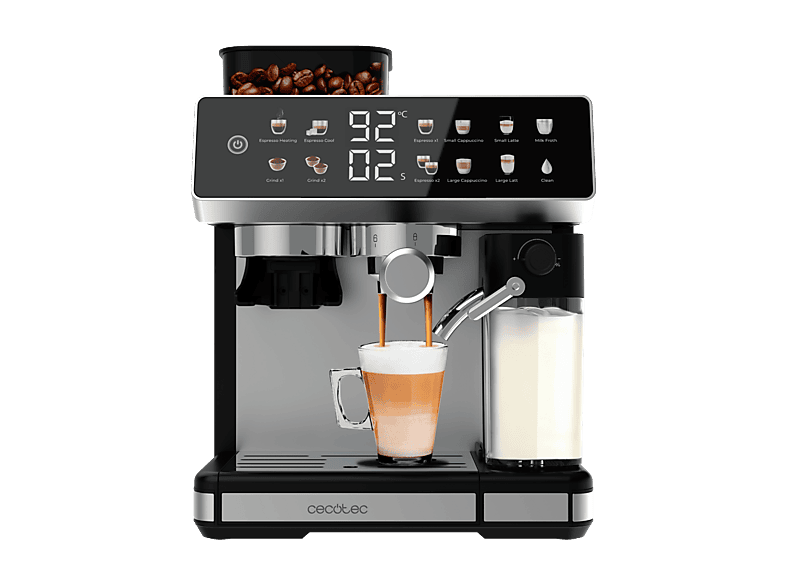 Cafetera express - Cecotec Power Espresso 20 Barista Grind & Latte, bar, 1350W, Depósito de agua 2.6L, 2 tazas, leche 500ml, Negro
