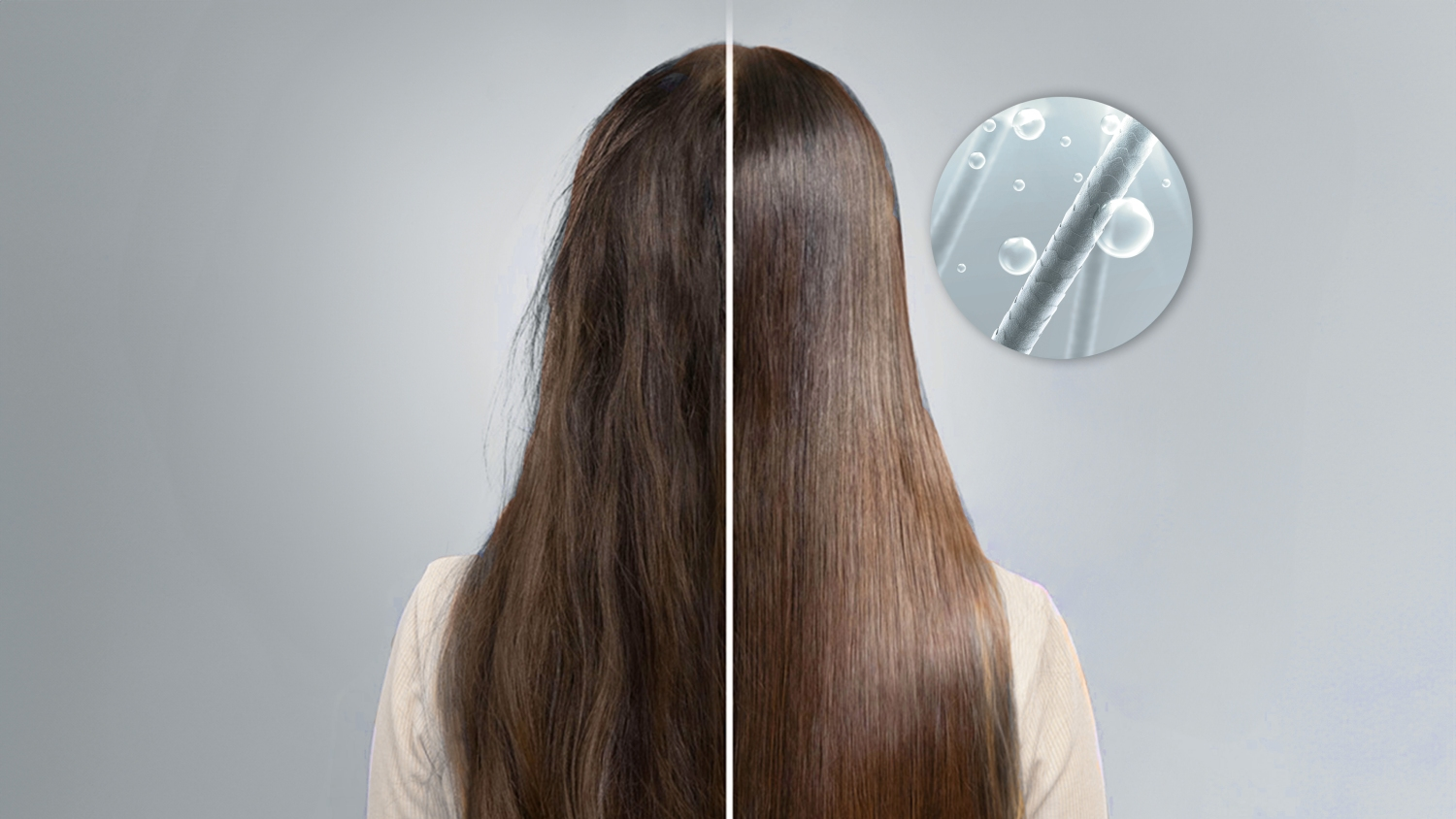 La imagen muestra cabello antes y después del tratamiento. Lado izquierdo: cabello encrespado. Lado derecho: cabello liso y brillante. Detalle redondo de hebras de cabello.