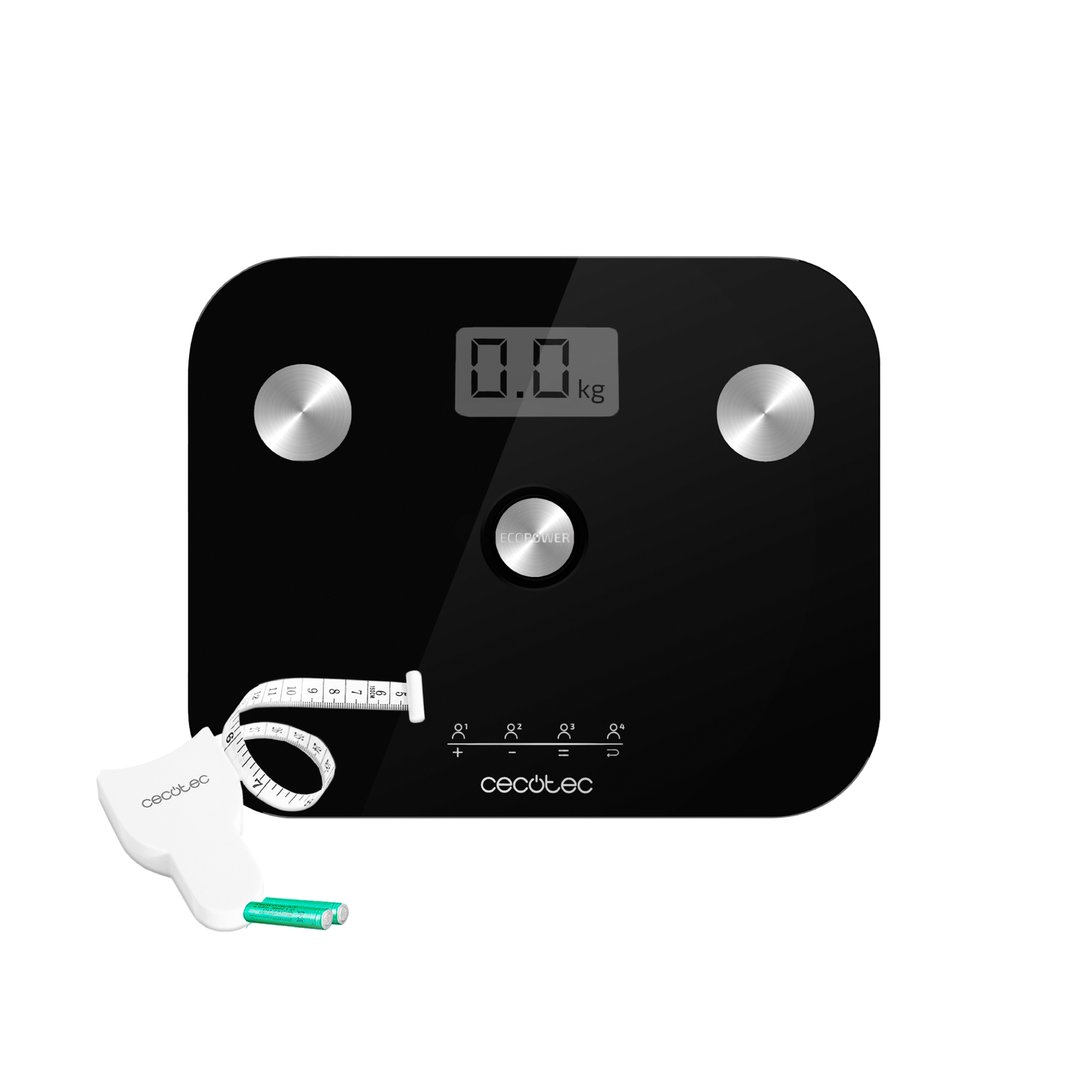 Báscula digital negra con cinta métrica blanca y dos pilas verdes. La báscula muestra 0,0 kg. La marca es Cecotec.