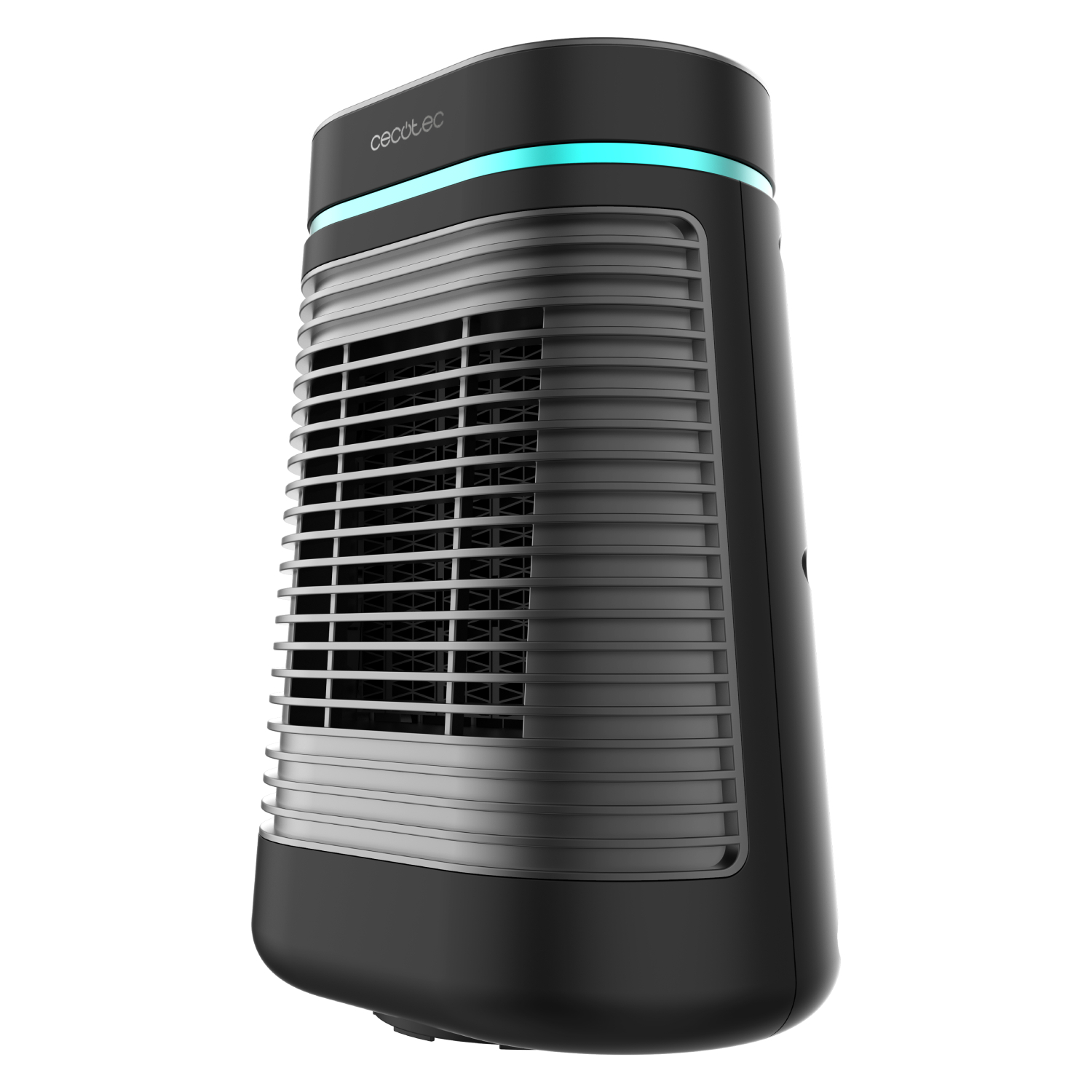 Enfriador de aire negro con detalles plateados y luz azul, marca Cecotec. Cuenta con una rejilla frontal y un diseño moderno y elegante.