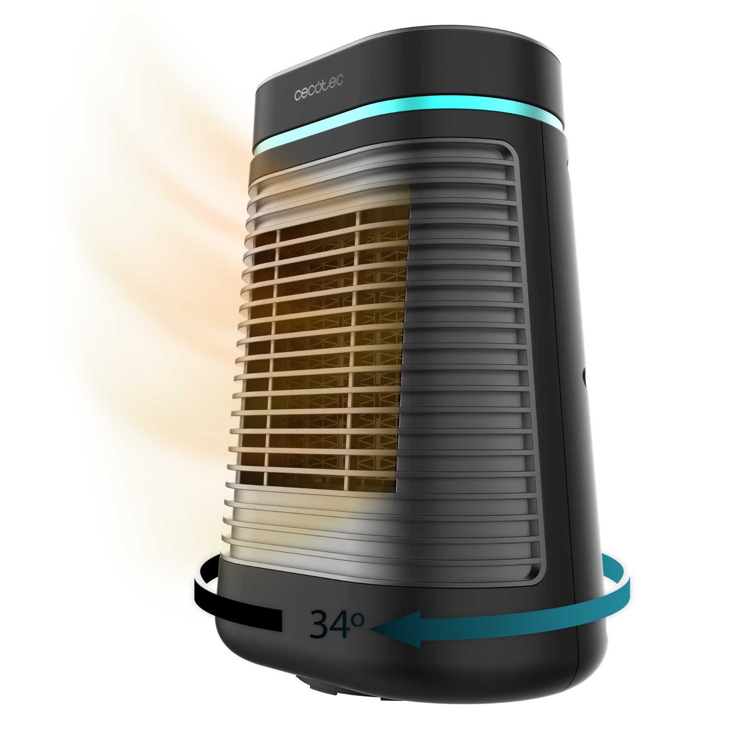 Ventilador de torre negro y gris con luz azul. Muestra rotación de 34 grados. Efecto de aire caliente visible.