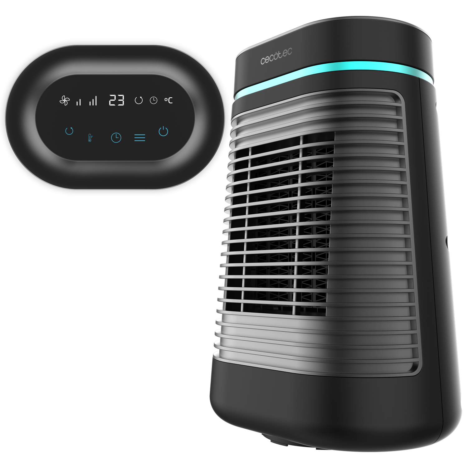 Enfriador de aire negro con pantalla digital que muestra la configuración. Un símbolo de ventilador, temperatura y otros controles visibles.