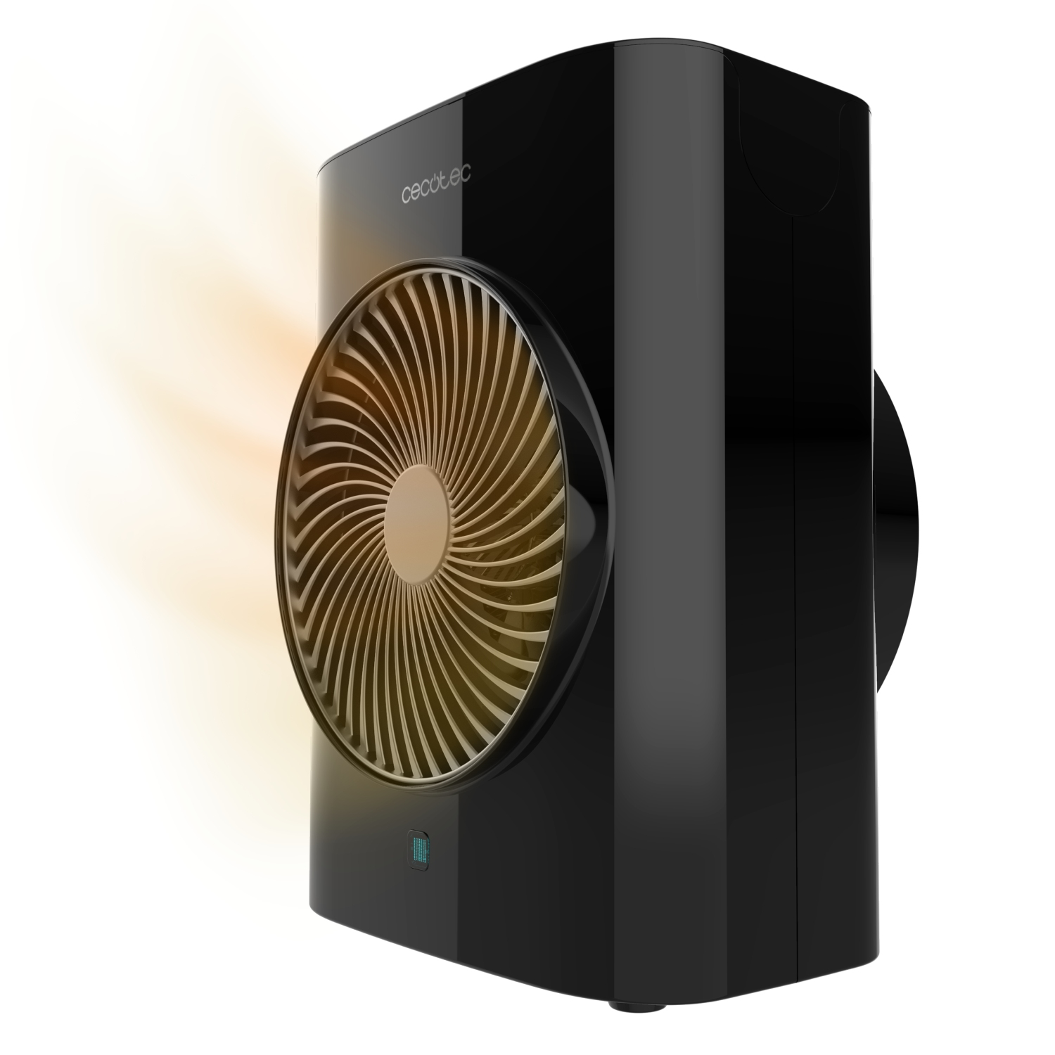 Ventilador eléctrico negro con cubierta dorada. El ventilador está sobre un fondo blanco, con un resplandor naranja claro.