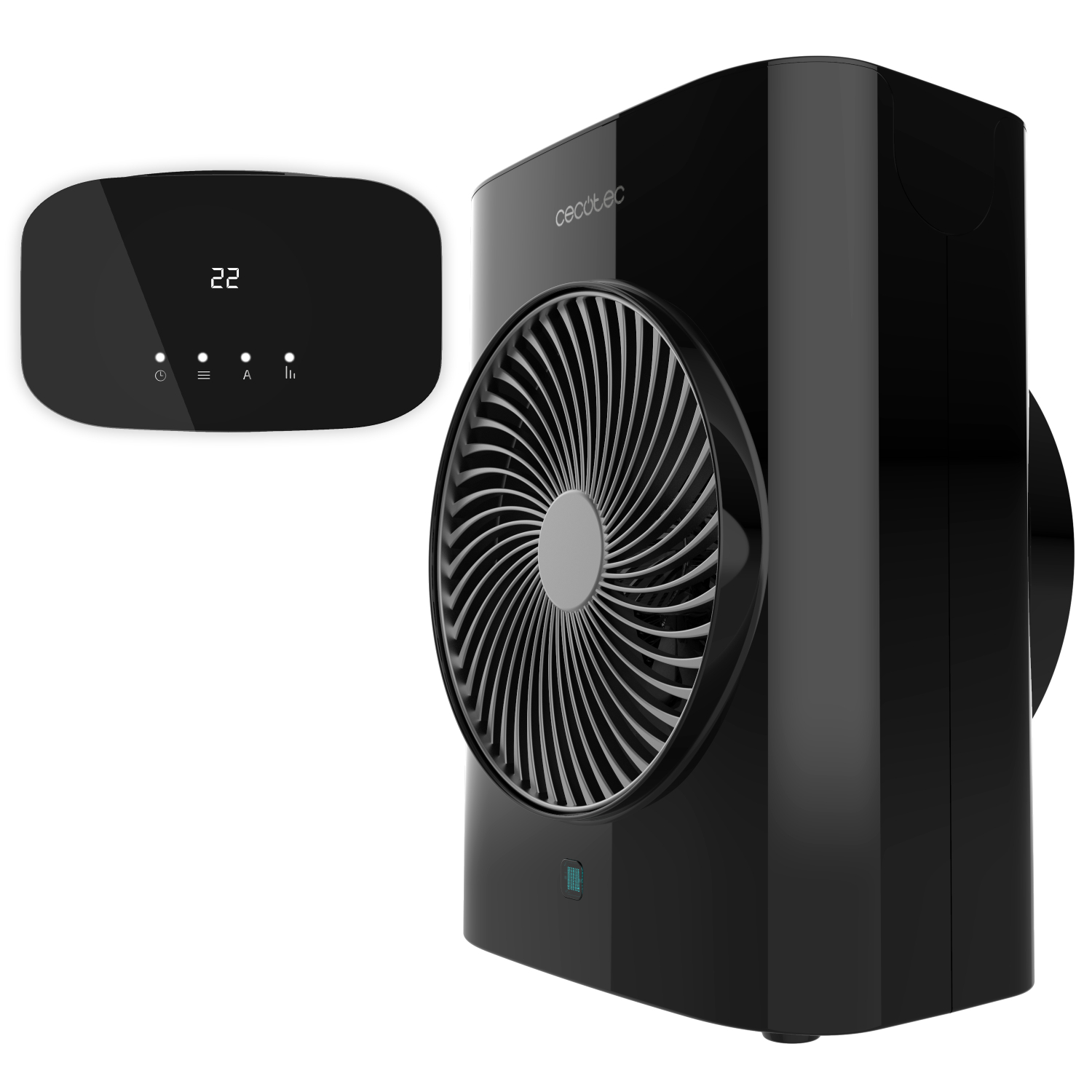 Purificador de aire negro con pantalla digital '22'. Tiene ventilador y panel de control, con la marca 'cecotec' visible.