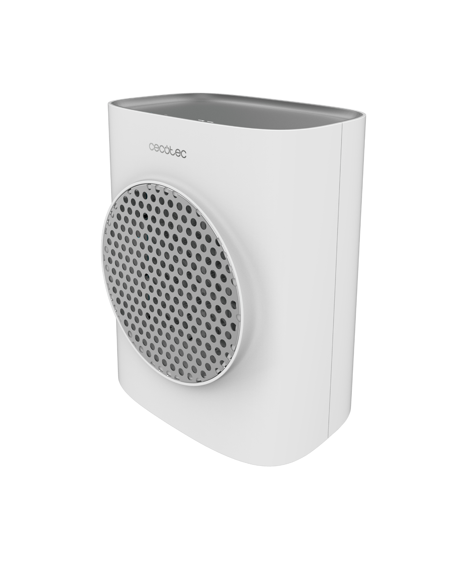 Un purificador de aire Cecotec blanco con frontal perforado y parte superior gris. La marca está al frente.