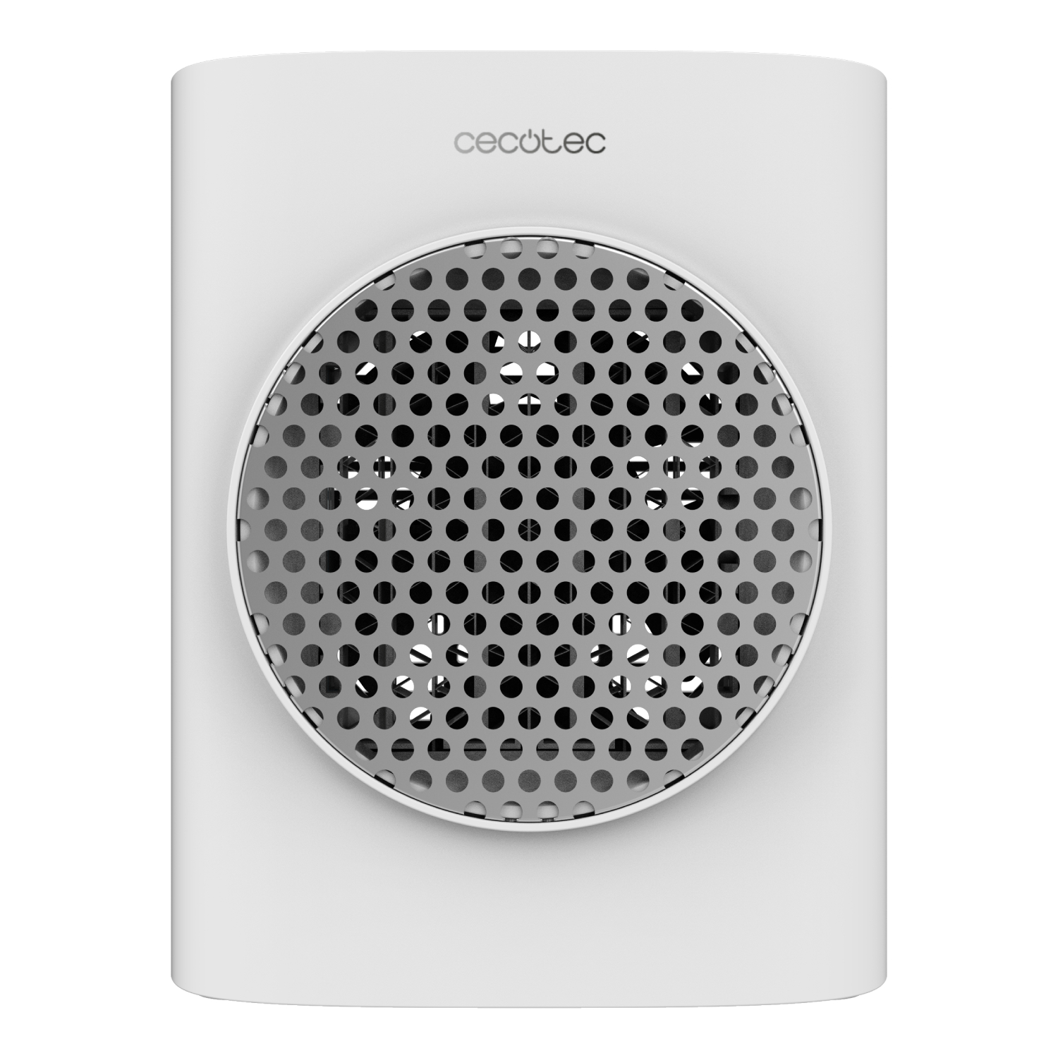 Ventilador eléctrico blanco con rejilla gris perforada. La marca 'Cecotec' está impresa en la parte superior.