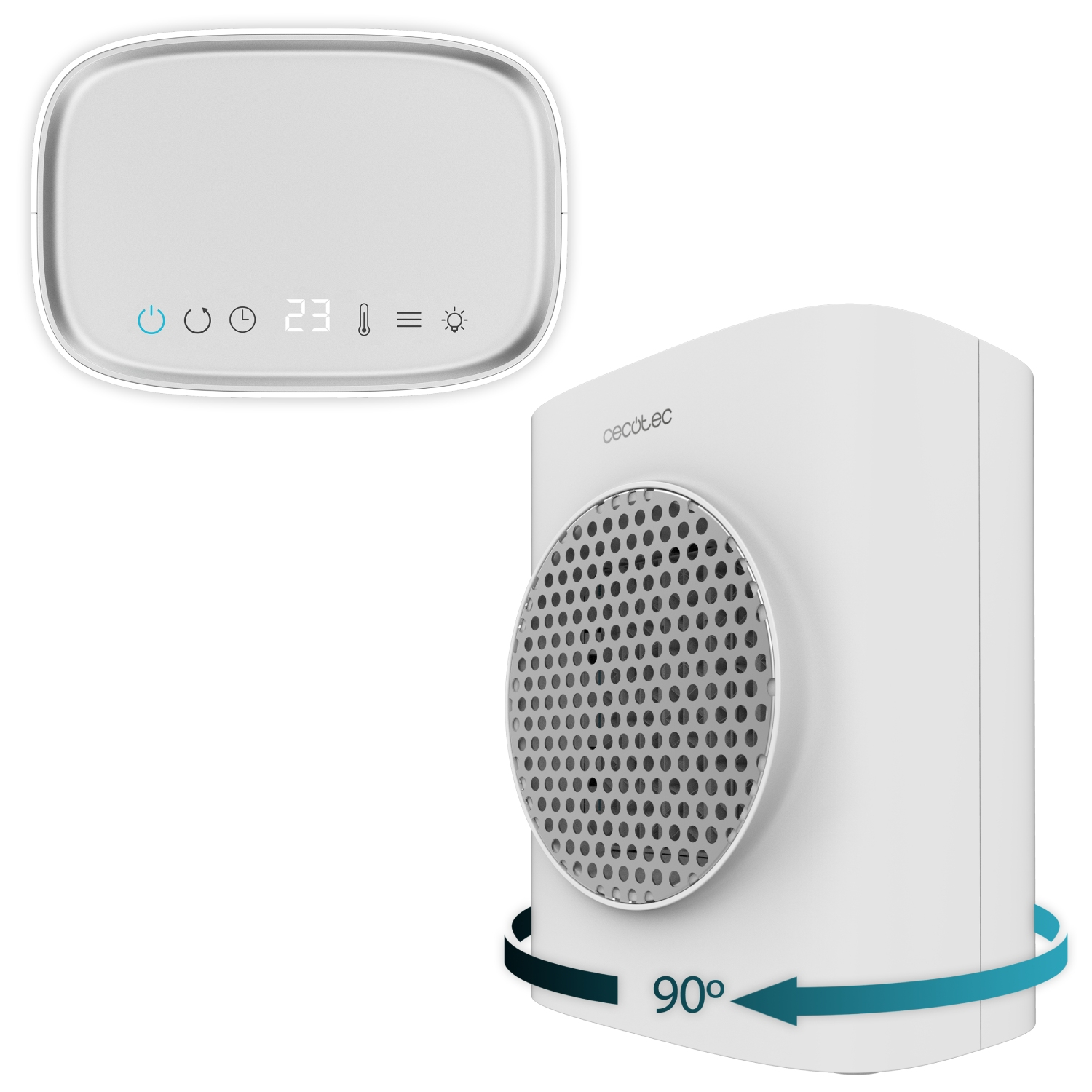 Calentador blanco con panel de control. Pantalla digital muestra 23 grados. Flecha giratoria muestra 90 grados. Logo Cecotec visible.