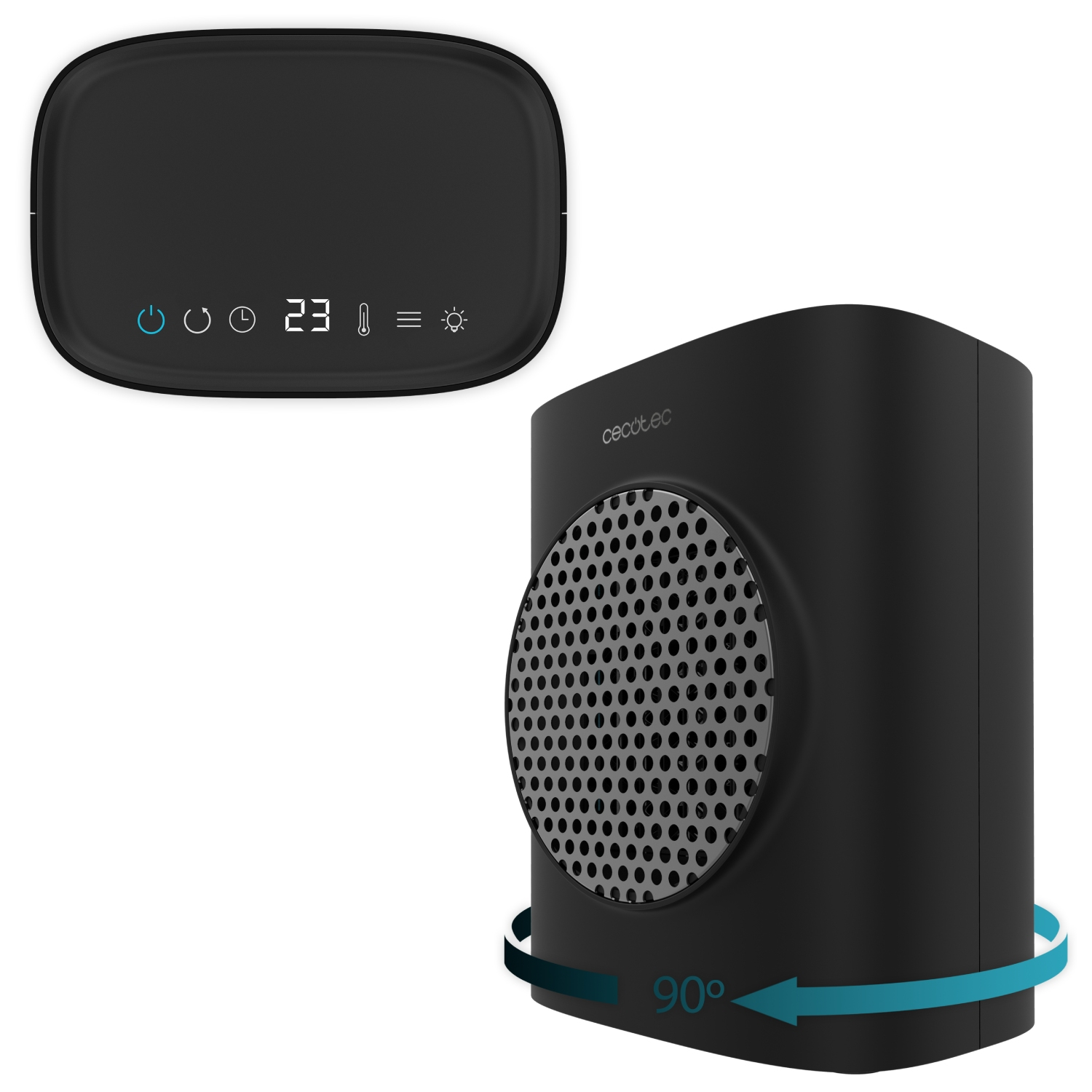 Un calefactor negro con pantalla digital (23 grados). Una flecha de giro de 90 grados indica una función giratoria. La marca es Cecotec.