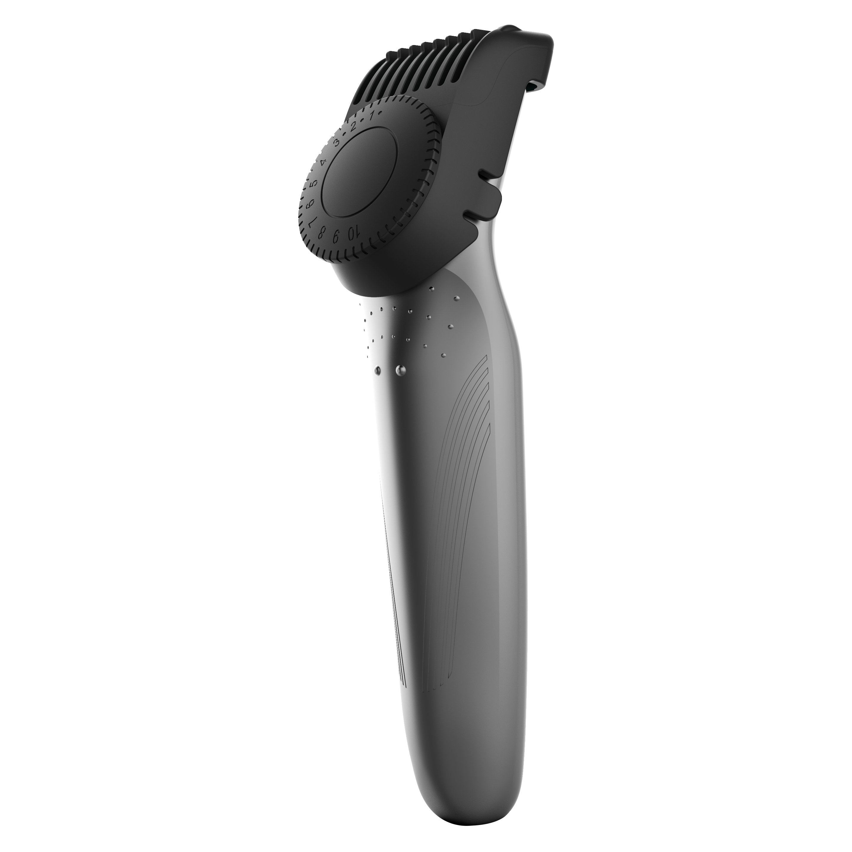 Una recortadora de barba eléctrica gris. Tiene un dial giratorio negro y un cuerpo gris. El fondo es blanco.