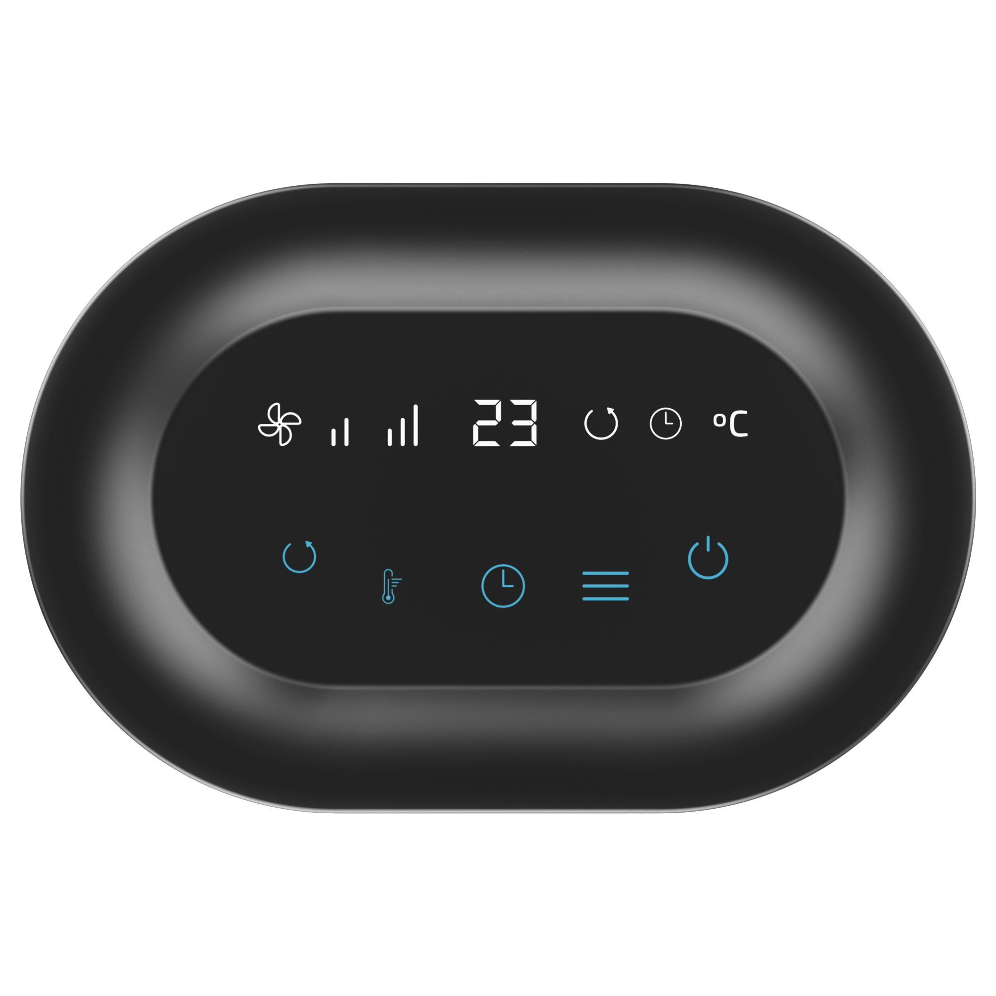 Dispositivo ovalado negro que muestra la temperatura digital 23°C, ventilador, barras, temporizador y símbolos de encendido. El fondo es oscuro.