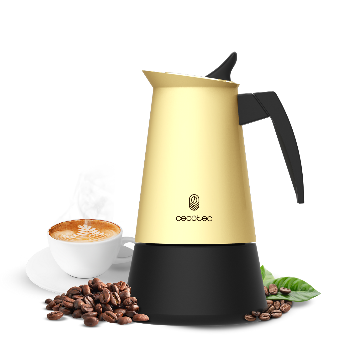 Cafetera dorada y negra, taza de café con arte latte, granos de café y hojas verdes sobre fondo gris.