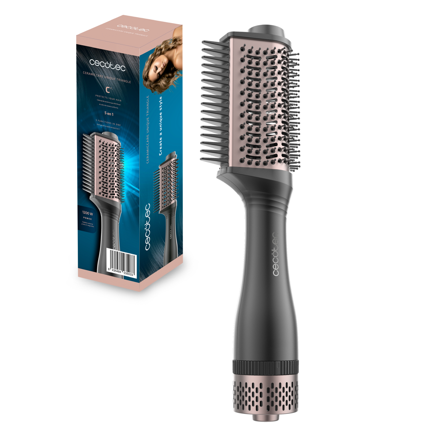 Un cepillo para peinar el cabello con una caja. El cepillo es negro y oro rosa. La caja es rosa y negra, con texto y la imagen de una mujer.