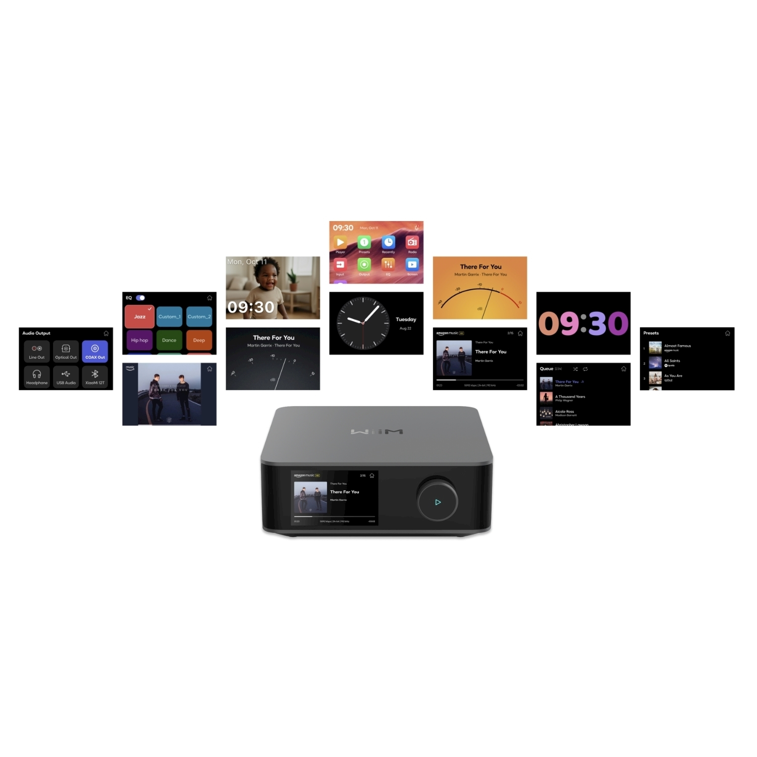 Un dispositivo multimediale centrale nero e grigio con più schermi che mostrano l'interfaccia musicale e le impostazioni.