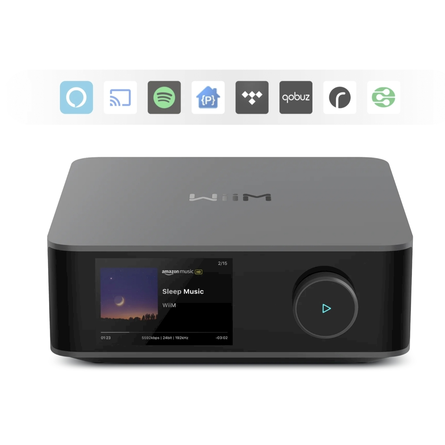 Un dispositivo audio nero con schermo che mostra 'Sleep Music'. Loghi di servizi di streaming musicale in alto.