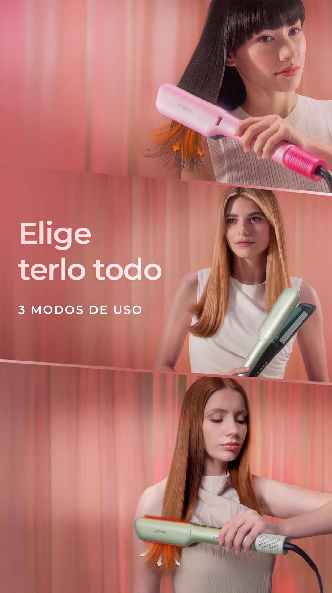 Mujer usando plancha para el pelo. La imagen muestra a tres mujeres diferentes con diferentes colores de pelo usando el producto.