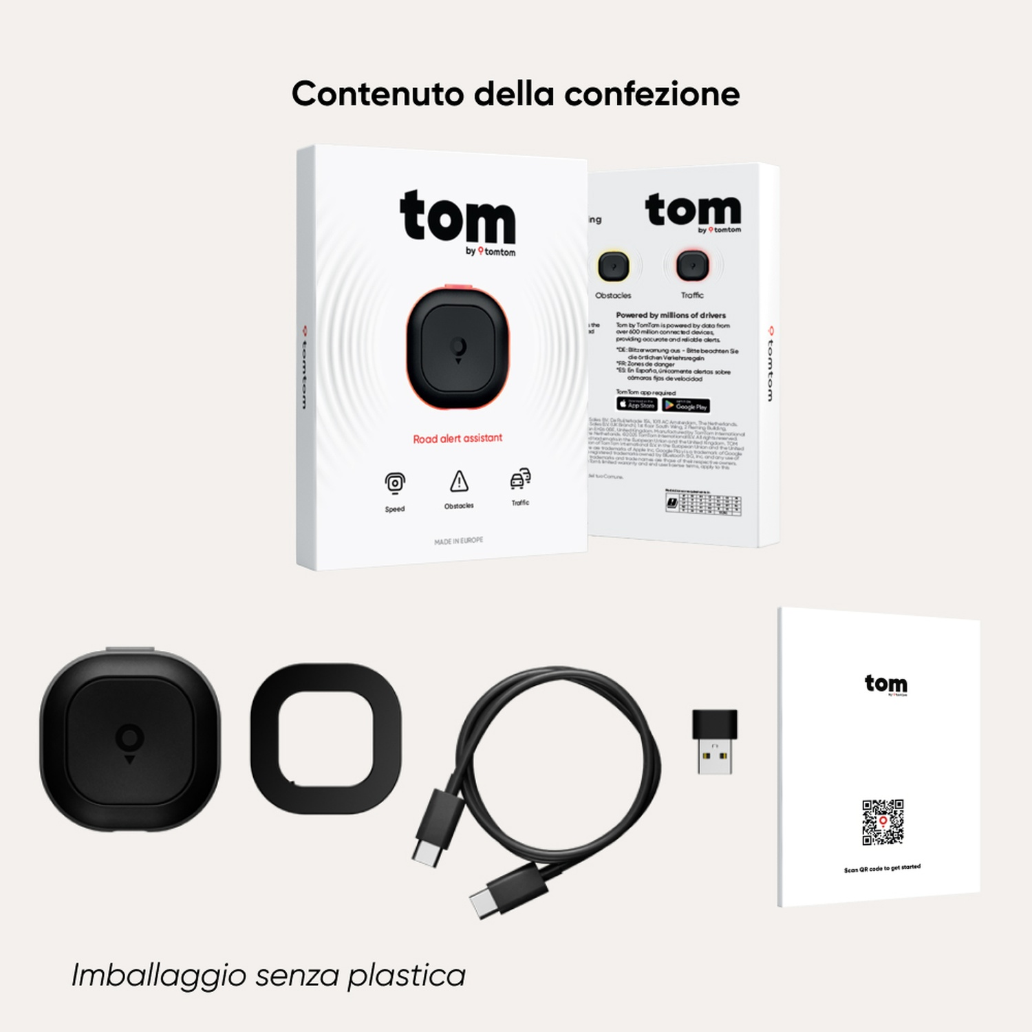 Confezione con dispositivo e accessori. Scatole con testo e logo. Senza plastica.