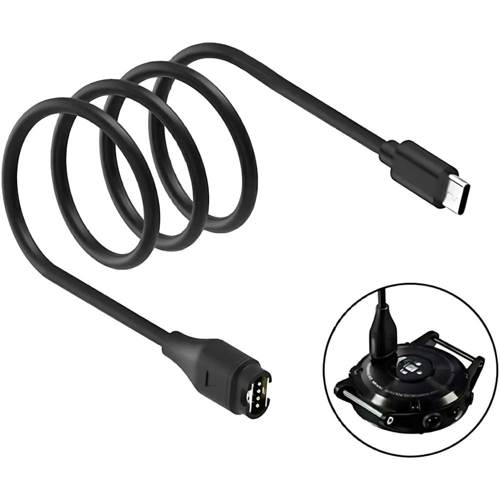 Czarny kabel ładujący, zwinięty, z USB i złączem do zegarka. Zegarek jest pokazywany w okręgu.