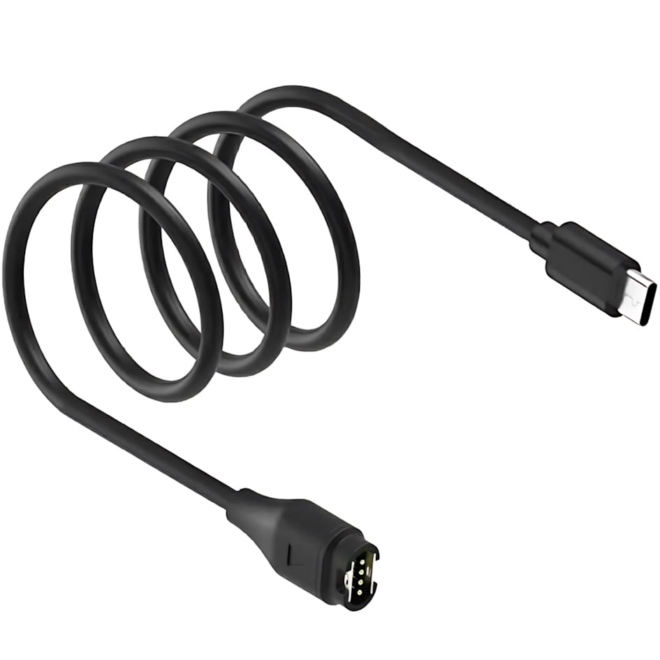 Czarny, zwinięty kabel ładujący z wtyczką USB-C na jednym końcu i wielopinowym złączem na drugim.