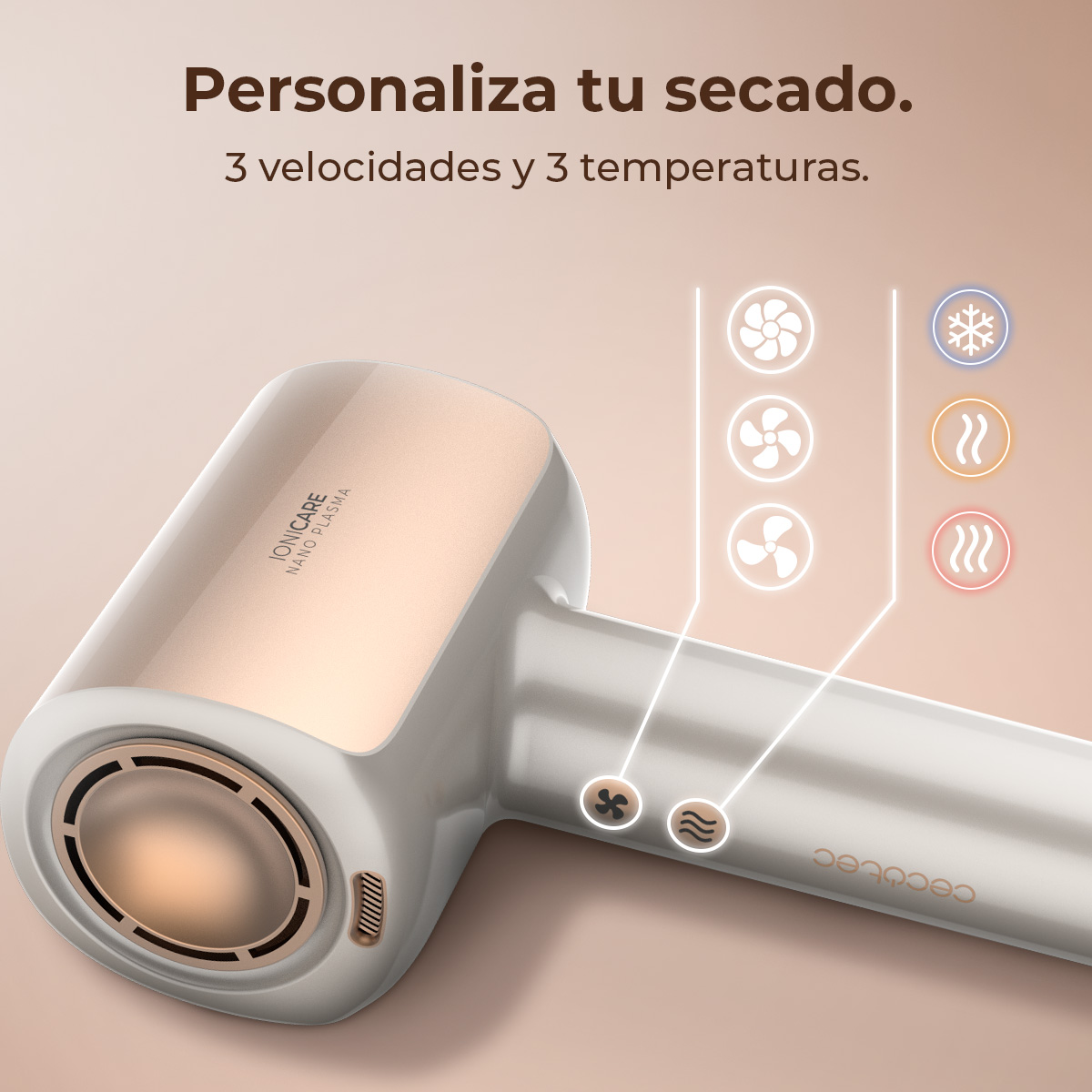Un secador de pelo con detalles blancos y dorados. Texto en español dice 'Personaliza tu secado'. Se muestran iconos de velocidad y temperatura.