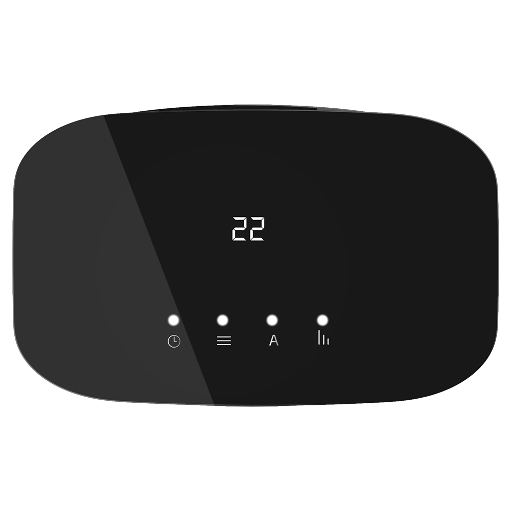 Dispositivo negro con pantalla digital que muestra '22'. Tiene cuatro iconos blancos debajo. El dispositivo está sobre un fondo blanco.