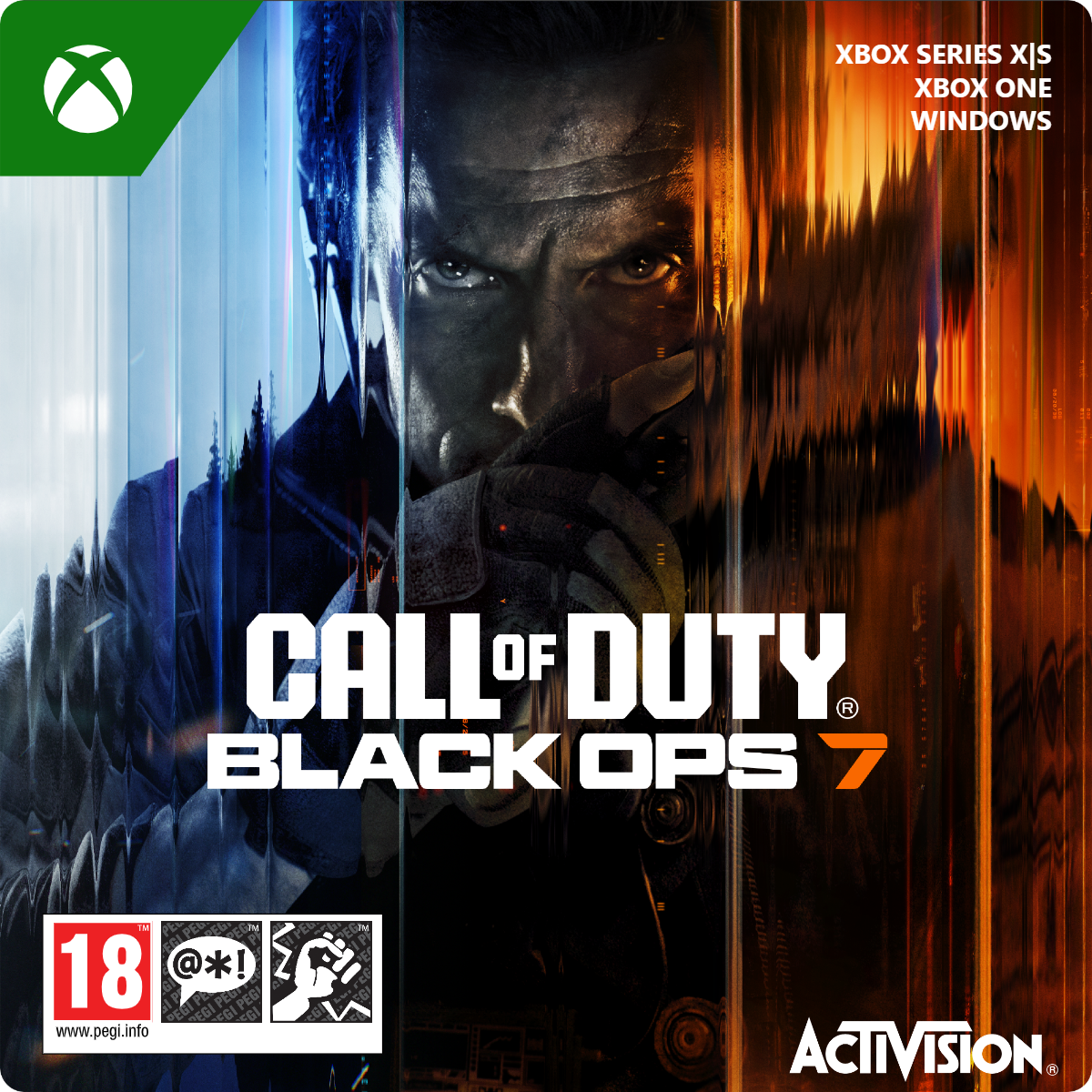 Gamecover van Call of Duty: Black Ops 7. Het gezicht van een man is verdeeld door blauwe en oranje lijnen. Het Xbox-logo en de leeftijdsclassificatie zijn zichtbaar.