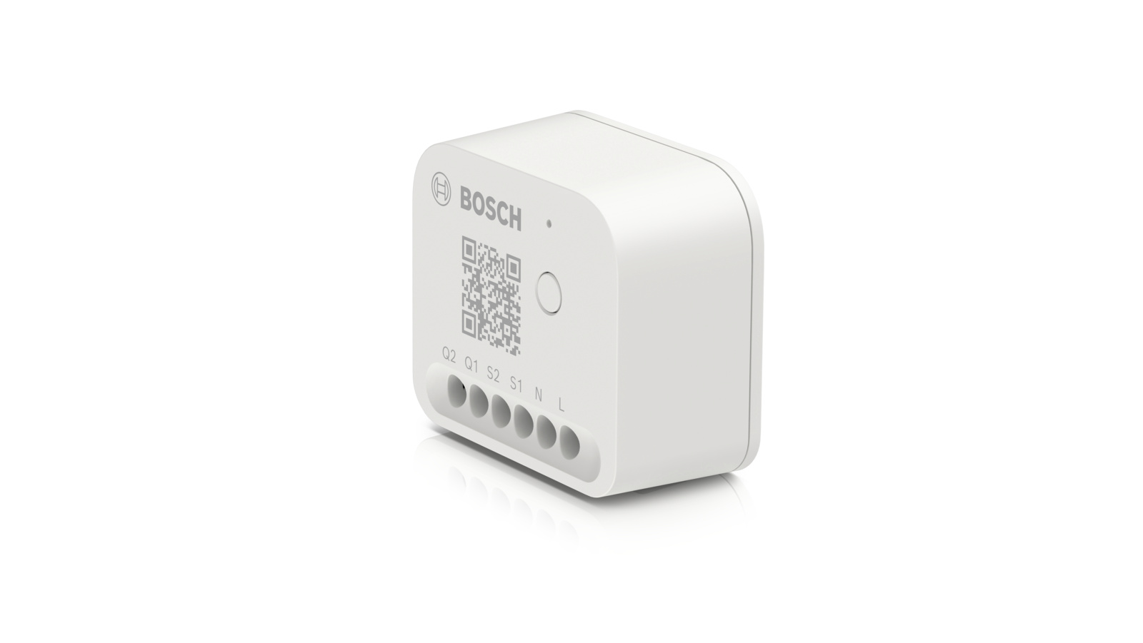 Ein weißes Bosch Smart Home-Gerät mit QR-Code, Taste und Anschlüssen mit der Bezeichnung Q2, Q1, S2, S1, N und L.