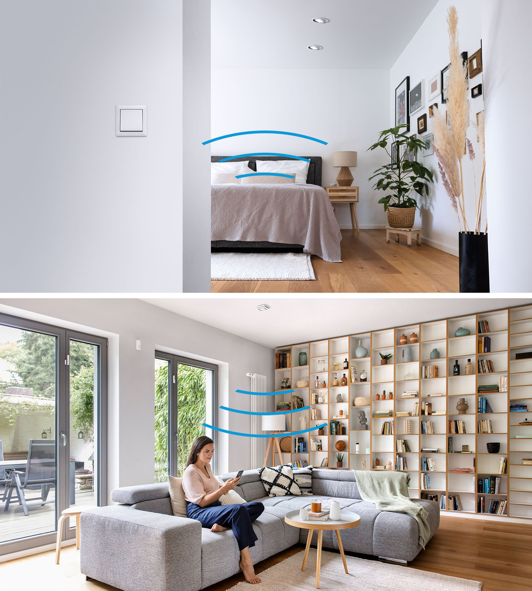 Oben: Schlafzimmer und Schalter. Unten: Frau auf Couch, Telefon nutzend, Wohnzimmer mit Bücherregal.