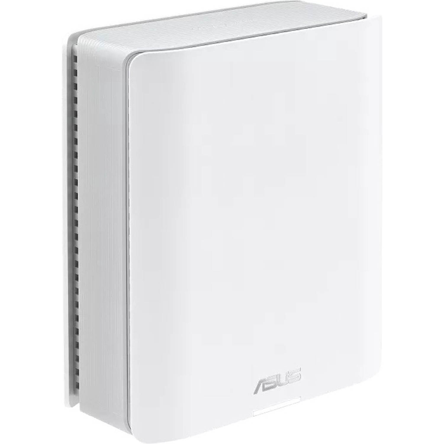 Een witte ASUS-router. Het apparaat is rechthoekig met afgeronde hoeken. Het ASUS-logo is rechtsonder zichtbaar. De zijkant heeft ventilatieopeningen.