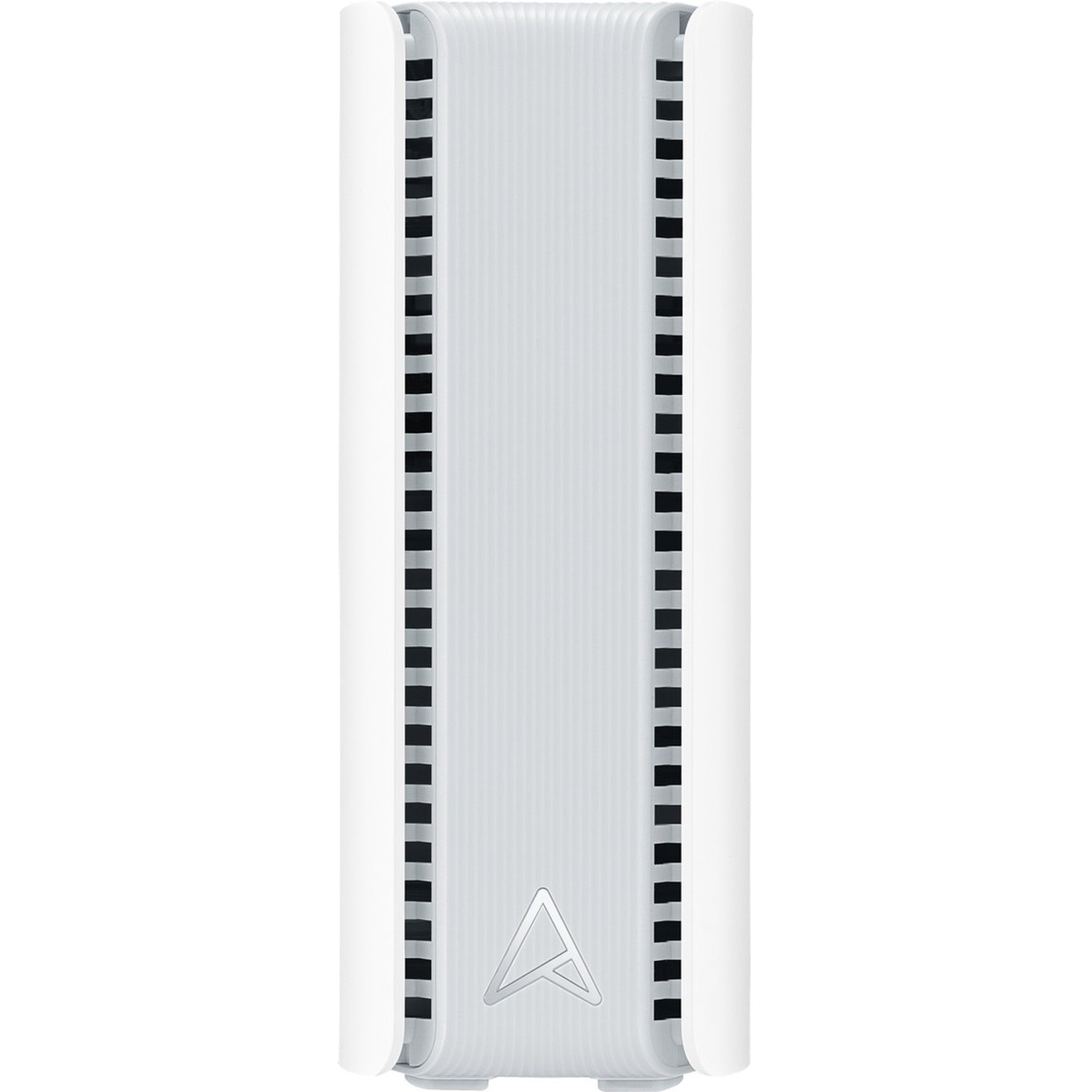 Un appareil blanc et rectangulaire avec un centre nervuré et des fentes noires de chaque côté. Un logo argenté en bas.